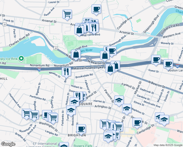 map of restaurants, bars, coffee shops, grocery stores, and more near 25 Brooksdale Road in Boston