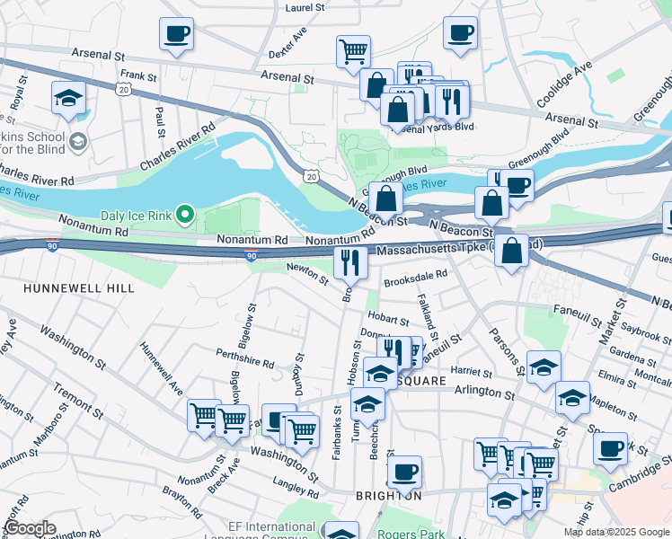 map of restaurants, bars, coffee shops, grocery stores, and more near 12-14 Woodmont Street in Boston