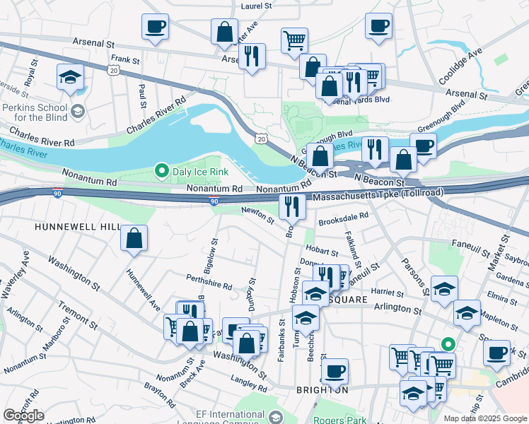 map of restaurants, bars, coffee shops, grocery stores, and more near 40 Newton Street in Boston