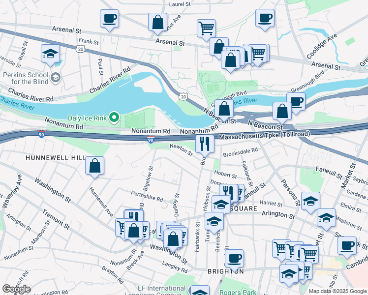 map of restaurants, bars, coffee shops, grocery stores, and more near 40 Newton Street in Boston