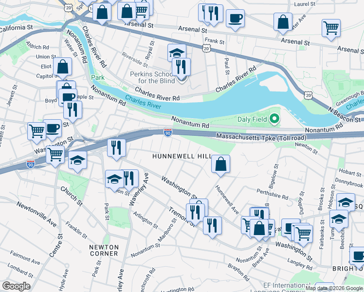 map of restaurants, bars, coffee shops, grocery stores, and more near 65 Grasmere Street in Newton