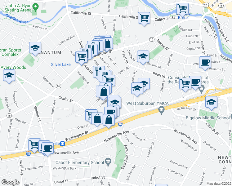 map of restaurants, bars, coffee shops, grocery stores, and more near 34-36 Middle Street in Newton