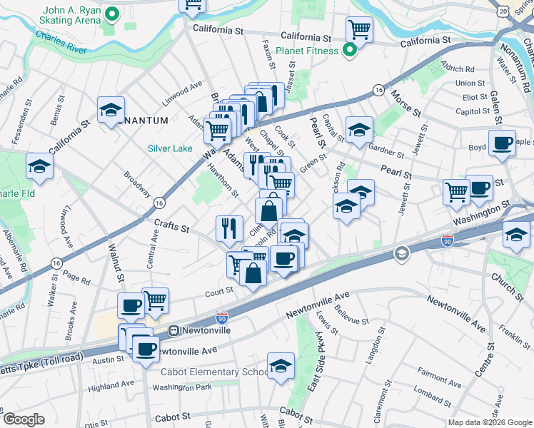 map of restaurants, bars, coffee shops, grocery stores, and more near 8 Clinton Street in Newton