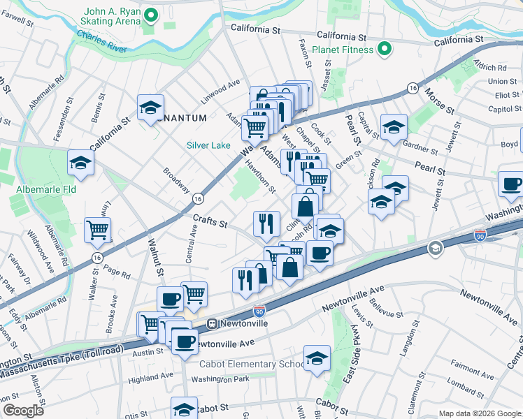 map of restaurants, bars, coffee shops, grocery stores, and more near 19 Ashmont Avenue in Newton