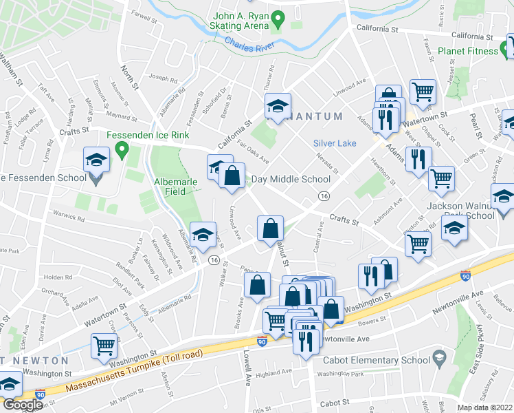 map of restaurants, bars, coffee shops, grocery stores, and more near 100 Walnut Street in Newton