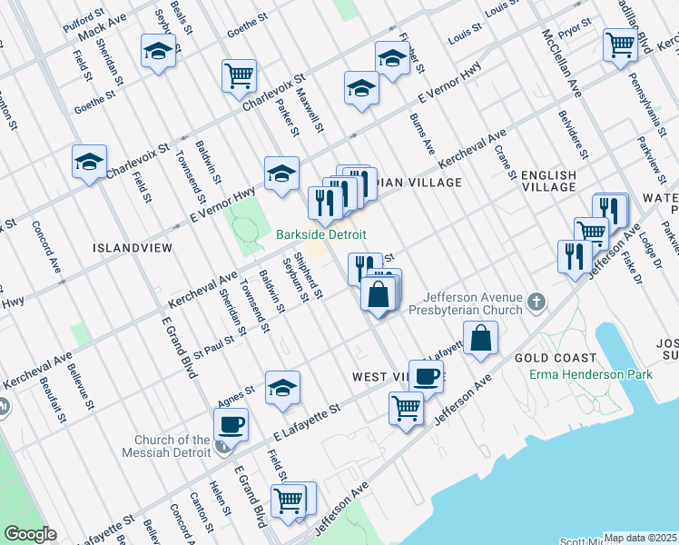 map of restaurants, bars, coffee shops, grocery stores, and more near 1775 Van Dyke Street in Detroit