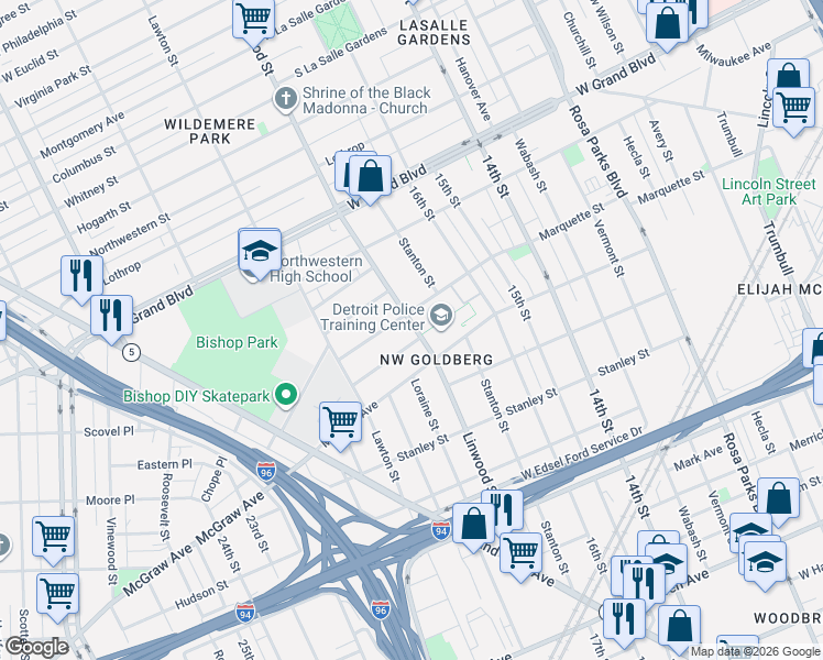 map of restaurants, bars, coffee shops, grocery stores, and more near 6073 Linwood Street in Detroit