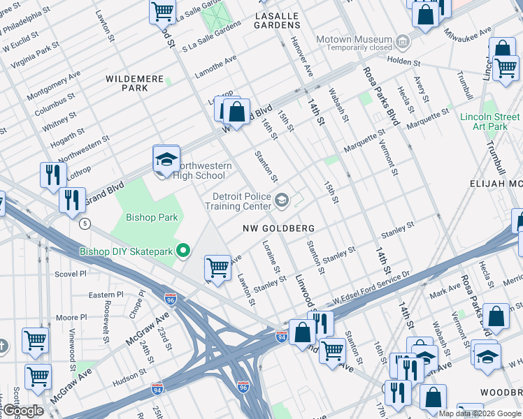 map of restaurants, bars, coffee shops, grocery stores, and more near 6073 Linwood Street in Detroit
