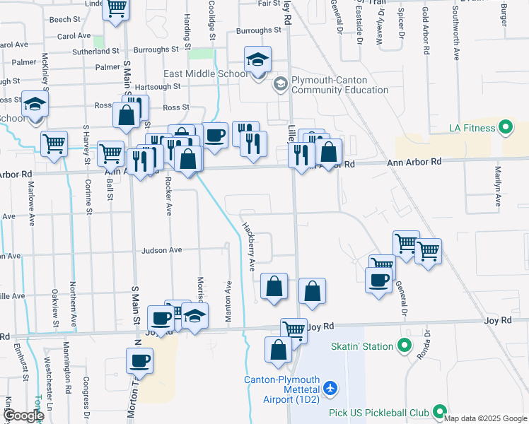 map of restaurants, bars, coffee shops, grocery stores, and more near 42560 Postiff Avenue in Plymouth