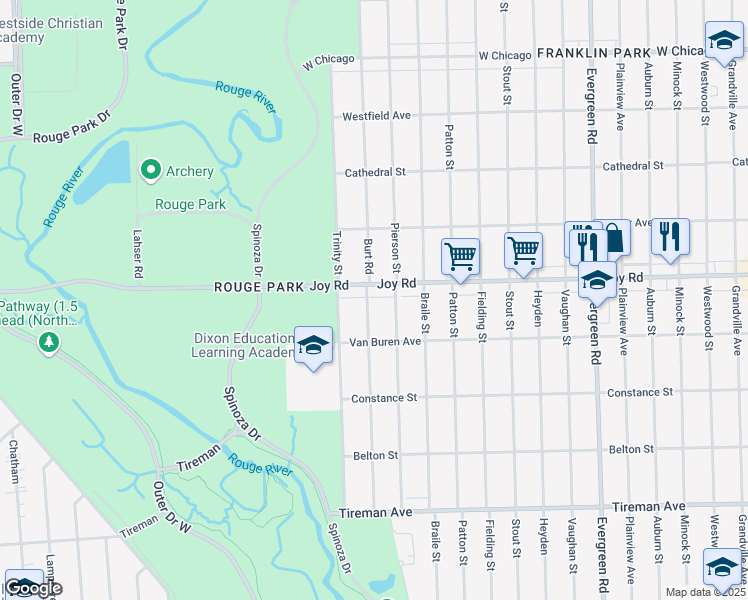 map of restaurants, bars, coffee shops, grocery stores, and more near 8688 Burt Road in Detroit