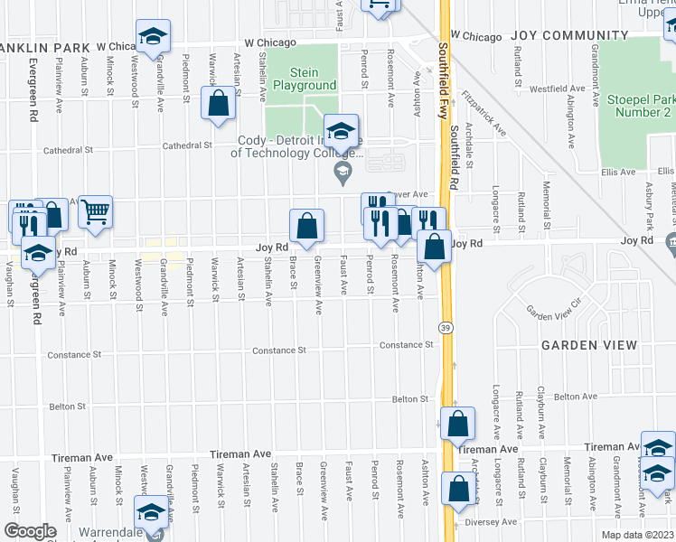 map of restaurants, bars, coffee shops, grocery stores, and more near 8665 Faust Avenue in Detroit