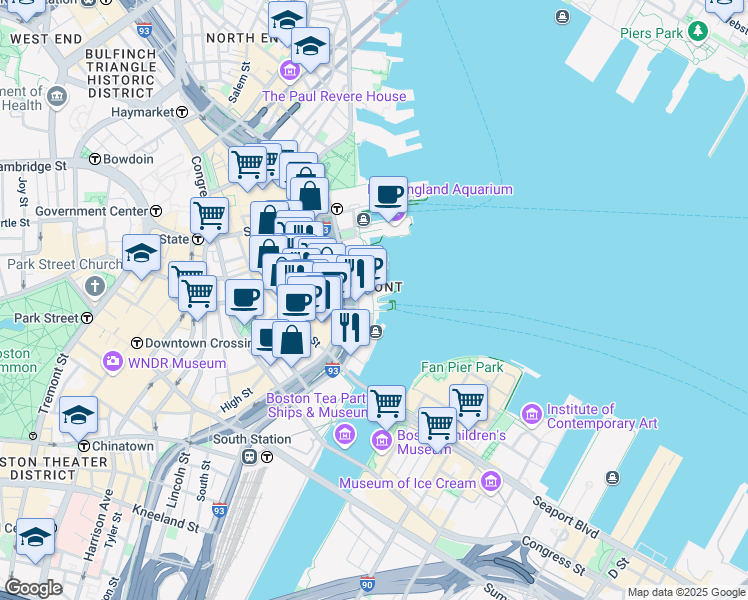 map of restaurants, bars, coffee shops, grocery stores, and more near 20 Rowes Wharf in Boston