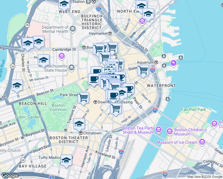 map of restaurants, bars, coffee shops, grocery stores, and more near 8 Milk Street in Boston