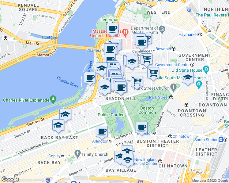 map of restaurants, bars, coffee shops, grocery stores, and more near Chestnut St & River St in Boston