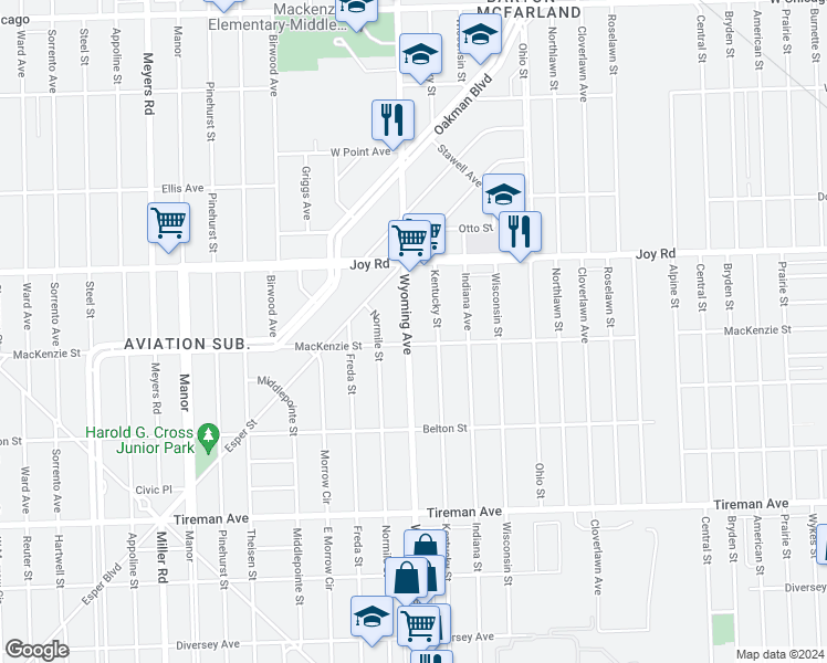 map of restaurants, bars, coffee shops, grocery stores, and more near 8520 Wyoming Avenue in Detroit