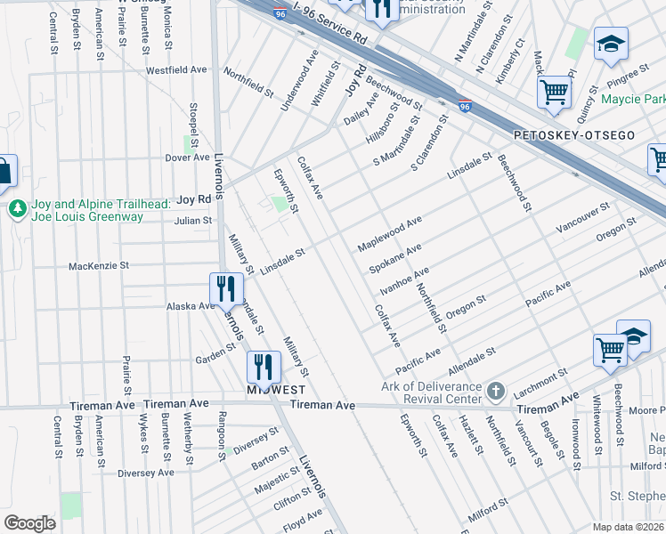 map of restaurants, bars, coffee shops, grocery stores, and more near 8376 Epworth Street in Detroit