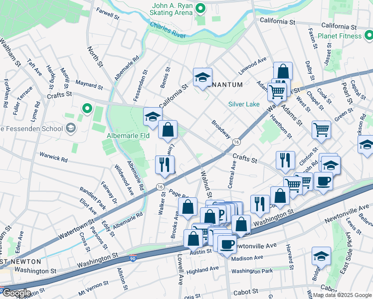map of restaurants, bars, coffee shops, grocery stores, and more near 79 Walnut Street in Newton