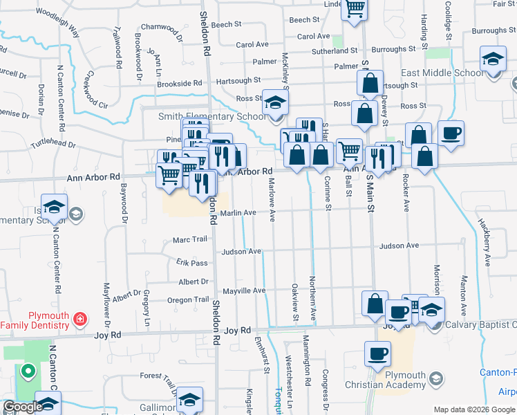 map of restaurants, bars, coffee shops, grocery stores, and more near 9404 Elmhurst Avenue in Plymouth