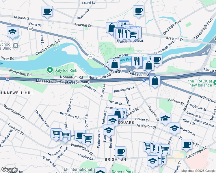 map of restaurants, bars, coffee shops, grocery stores, and more near 7 Riverview Road in Boston