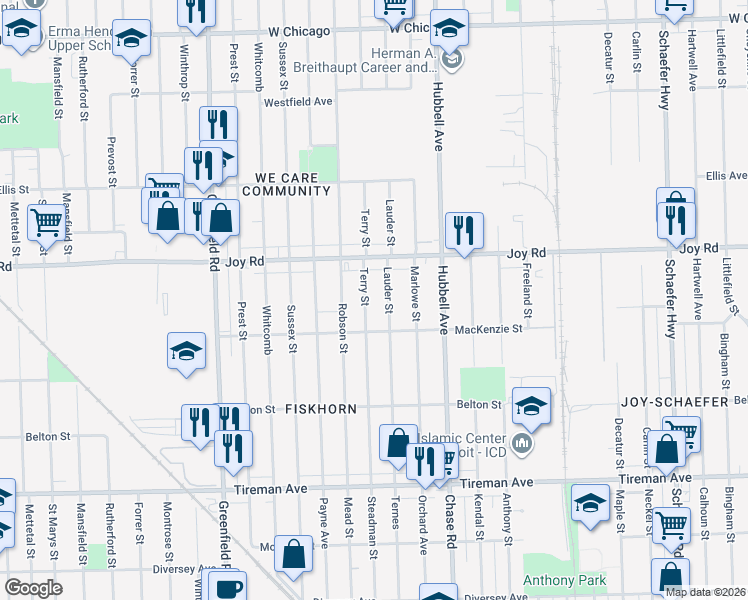map of restaurants, bars, coffee shops, grocery stores, and more near 8566 Terry Street in Detroit