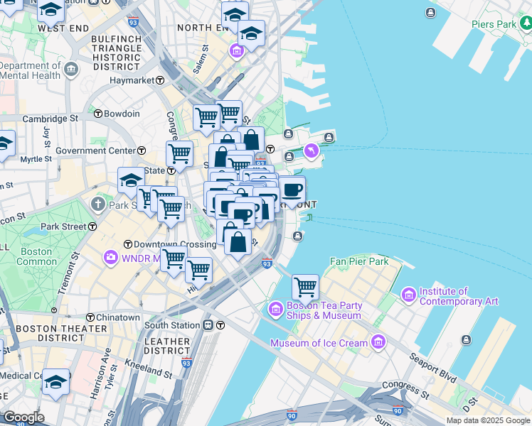 map of restaurants, bars, coffee shops, grocery stores, and more near 125 Broad Street in Boston