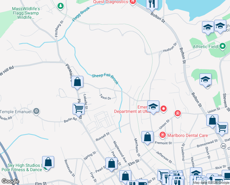 map of restaurants, bars, coffee shops, grocery stores, and more near 20 Temple Circle in Marlborough