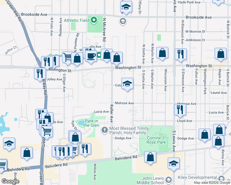 map of restaurants, bars, coffee shops, grocery stores, and more near 121 Keller Avenue in Waukegan