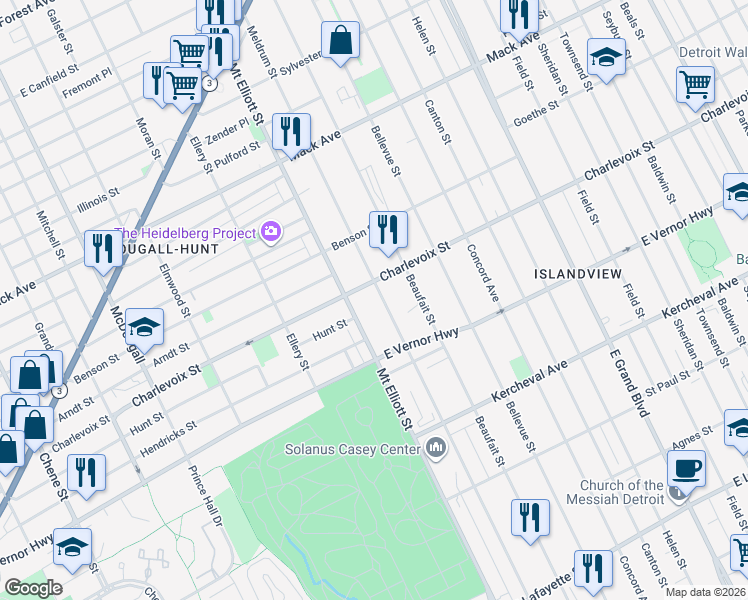 map of restaurants, bars, coffee shops, grocery stores, and more near 2569 Meldrum Street in Detroit