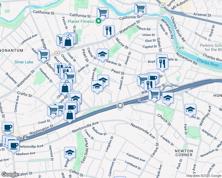 map of restaurants, bars, coffee shops, grocery stores, and more near 58 Walnut Park in Newton