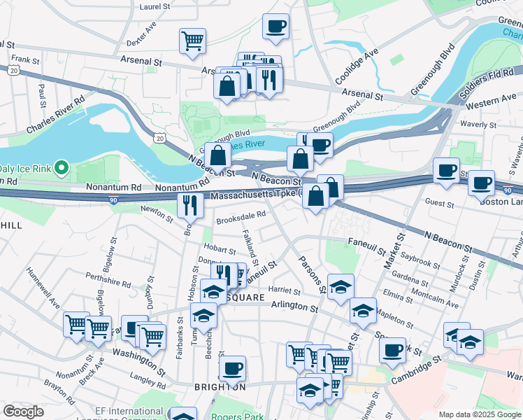 map of restaurants, bars, coffee shops, grocery stores, and more near 25 Brooksdale Road in Boston