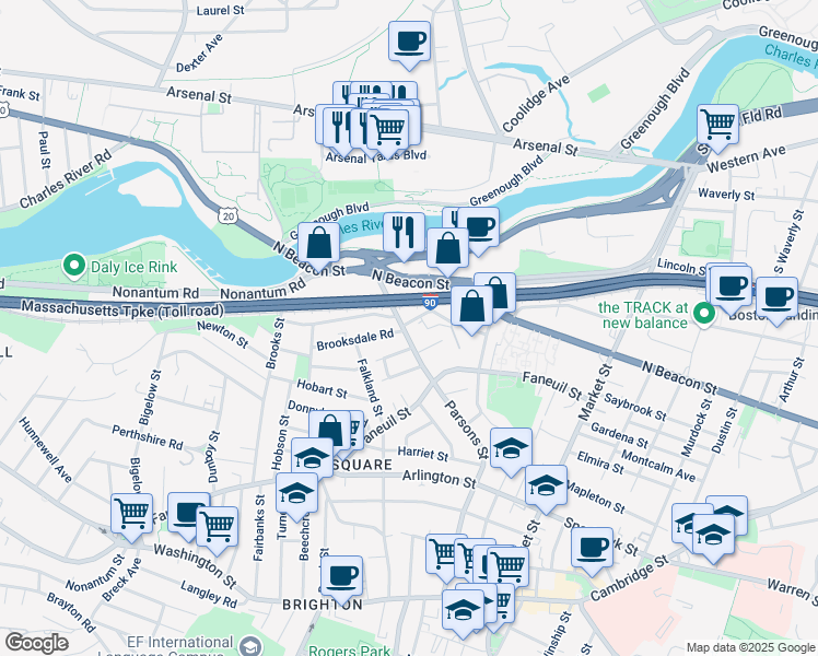 map of restaurants, bars, coffee shops, grocery stores, and more near 225 Parsons Street in Boston