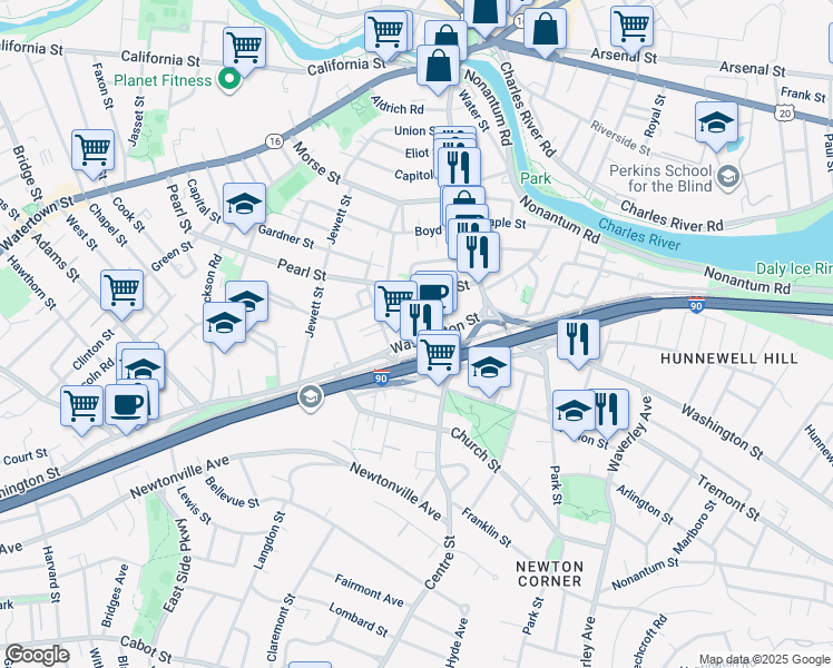 map of restaurants, bars, coffee shops, grocery stores, and more near 337 Washington Street in Newton