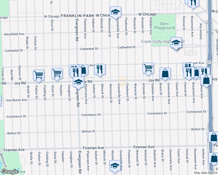map of restaurants, bars, coffee shops, grocery stores, and more near 8675 Westwood Street in Detroit