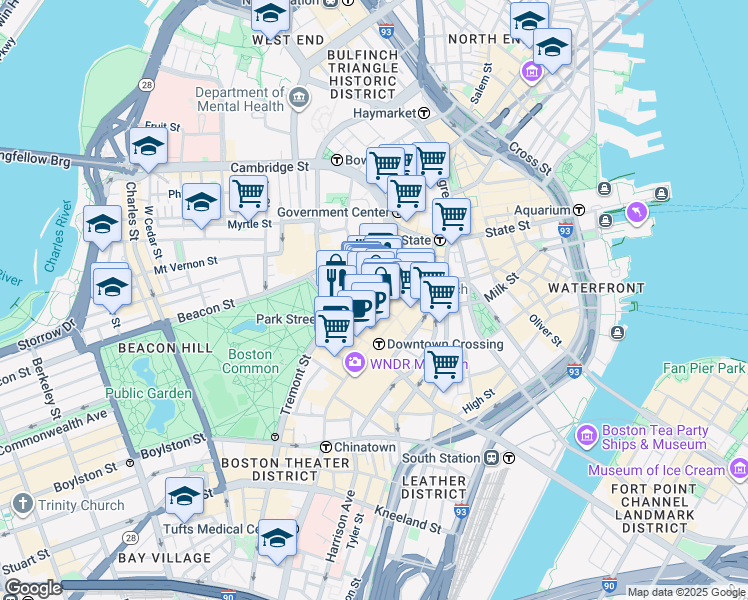 map of restaurants, bars, coffee shops, grocery stores, and more near 69 Bromfield Street in Boston