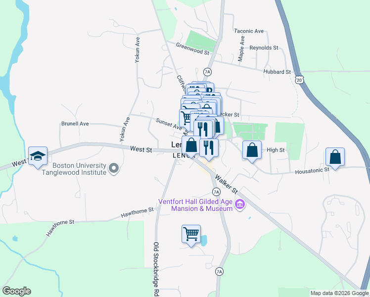 map of restaurants, bars, coffee shops, grocery stores, and more near 6 Main Street in Lenox
