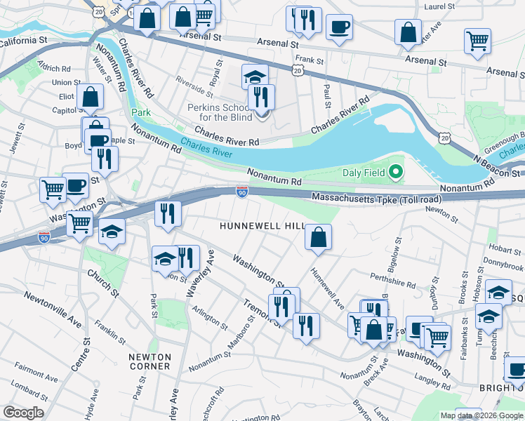 map of restaurants, bars, coffee shops, grocery stores, and more near 77 Grasmere Street in Newton
