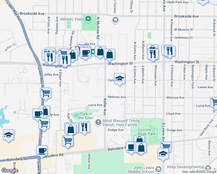map of restaurants, bars, coffee shops, grocery stores, and more near 121 Keller Avenue in Waukegan
