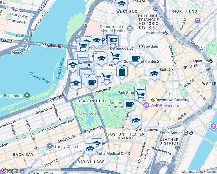 map of restaurants, bars, coffee shops, grocery stores, and more near 42 Beacon Street in Boston
