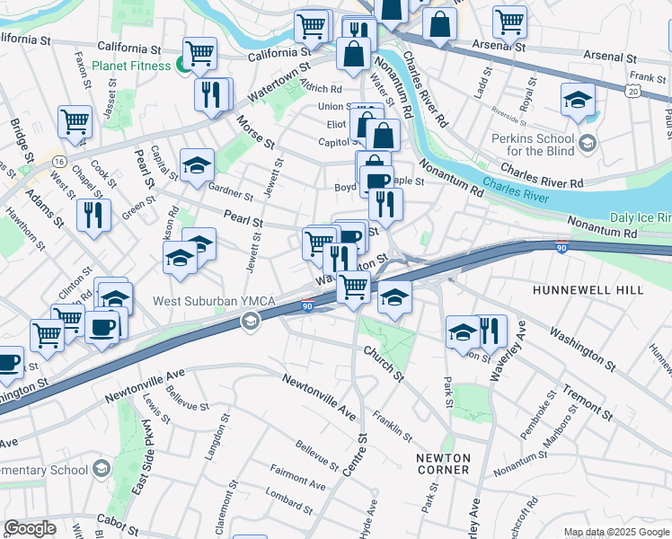 map of restaurants, bars, coffee shops, grocery stores, and more near 337 Washington Street in Newton