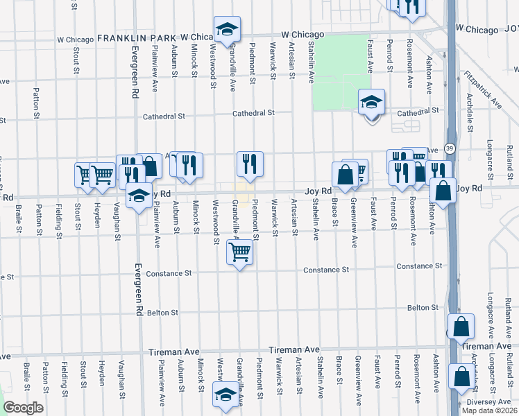 map of restaurants, bars, coffee shops, grocery stores, and more near 8670 Piedmont Street in Detroit