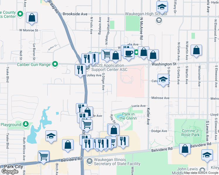 map of restaurants, bars, coffee shops, grocery stores, and more near 2723 Westwood Drive in Waukegan