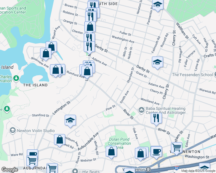map of restaurants, bars, coffee shops, grocery stores, and more near 20 William Street in Newton
