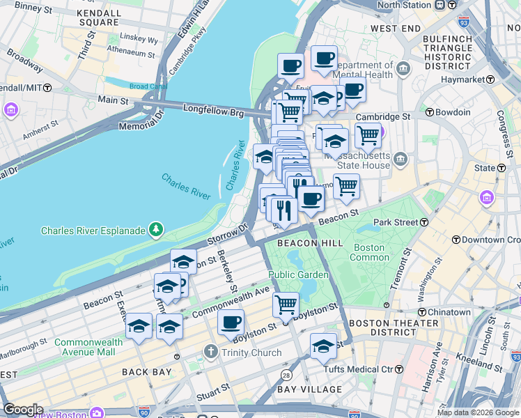 map of restaurants, bars, coffee shops, grocery stores, and more near in Boston