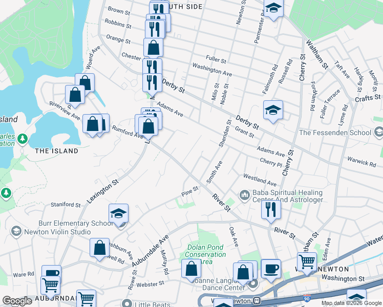 map of restaurants, bars, coffee shops, grocery stores, and more near 20 William Street in Newton