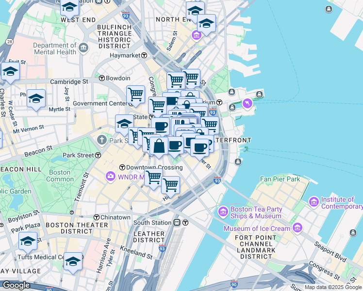 map of restaurants, bars, coffee shops, grocery stores, and more near 1 Post Office Square in Boston