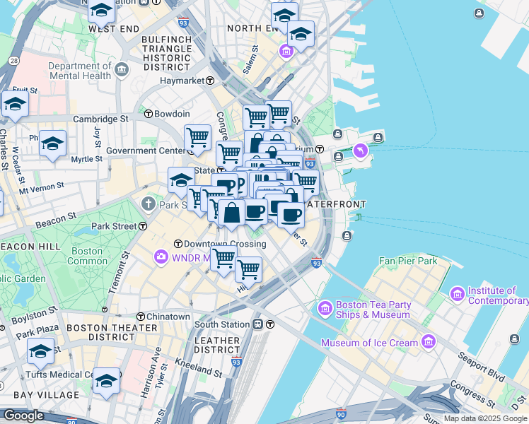map of restaurants, bars, coffee shops, grocery stores, and more near 1 Post Office Square in Boston