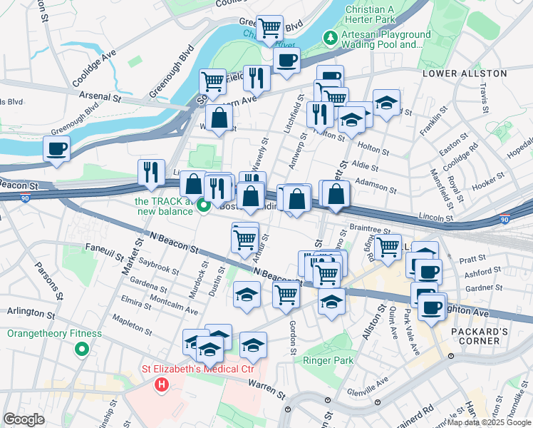 map of restaurants, bars, coffee shops, grocery stores, and more near 180 Guest Street in Boston