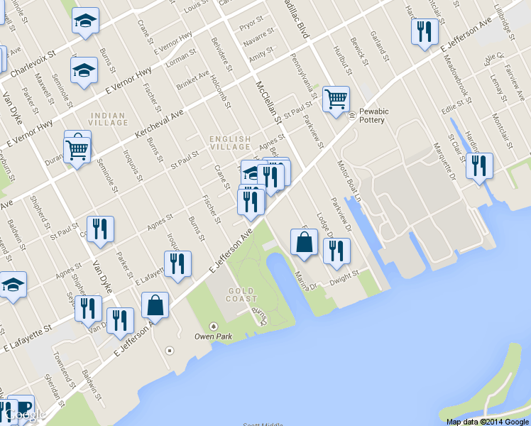 map of restaurants, bars, coffee shops, grocery stores, and more near 8845 East Jefferson Avenue in Detroit