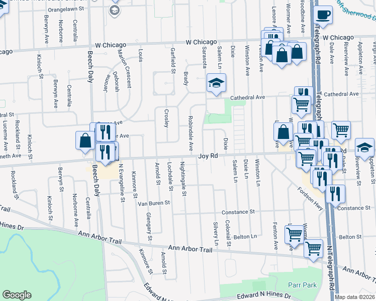 map of restaurants, bars, coffee shops, grocery stores, and more near 8817 Robindale in Redford Charter Township