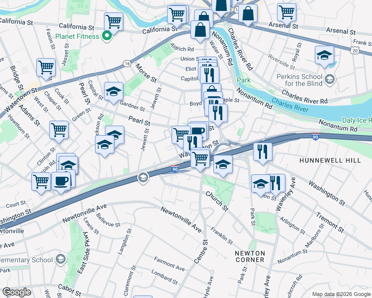 map of restaurants, bars, coffee shops, grocery stores, and more near in Newton